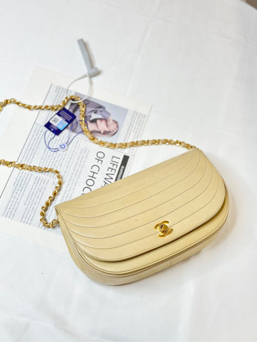Chanel Beige Lambskin Half-Moon Shoulder Bag with Card - 0 Series (24cm × 14cm) Serial 0347796- B-Grade