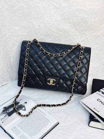 CHANEL Black Caviar Gold Hardware Double Flap CF Maxi Bag 14K 33*22cm Grade A Serial 14392328