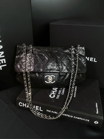 Chanel Black Silver Pebbled Calfskin Pumpkin Bag - 30×15cm - A-Grade (Serial 16571903)