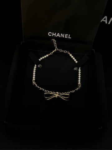 Chanel 22S Bow Pearl Choker Necklace-44cm-22S-Gold-plated&pearls&Leather