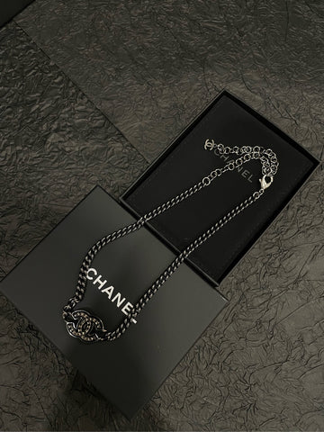Chanel 24A Distressed Silver-Tone Double C Diamond Necklace-47cm-