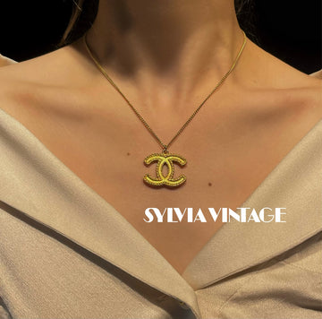 Chanel Vintage Wheat & Double C Sweater Necklace (Grade A)-Length: 61cm,Pendant Size: 3cm × 2.5cm-Gold-Plated