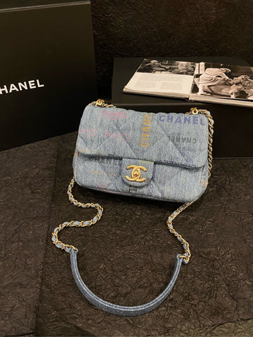 CHANEL Denim Graffiti Small Classic Flap Bag (CF) with Chip, 23cm×15cm, Grade A, TE41PL23