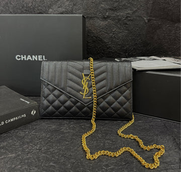 Yves Saint Laurent/YSL New Model 99% New Black/Gold Caviar Envelope Small Size 22cm×14cm A Serial Code Last 4 Digits: 0120