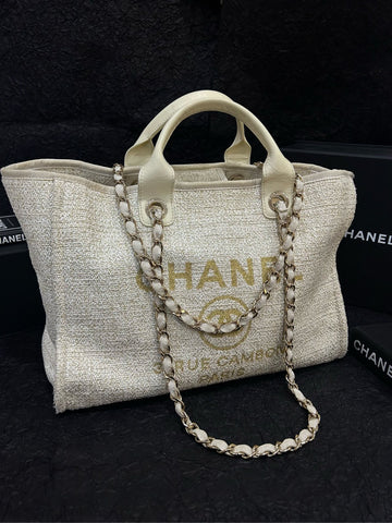 Chanel White Gold-Thread Embroidered Logo Large Beach Tote - 38×32cm - A-Grade (Serial 26995153)
