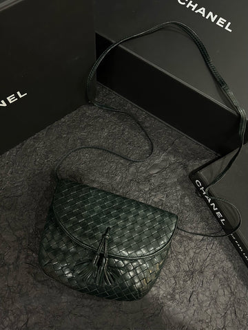 Bottega Veneta Dark Green Intrecciato Fringe Shoulder Bag 20cm×17cm