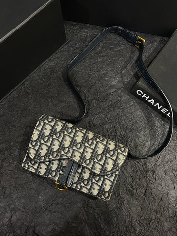 Dior Blue and Gold Oblique Saddle WOC Crossbody Bag in Canvas, 17cm x 10cm (Grade A) - Model 05-RU-0210