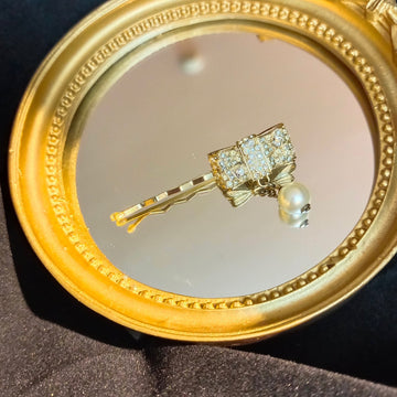 Chanel Vintage Bow Rhinestone Pearl Hair Clip
