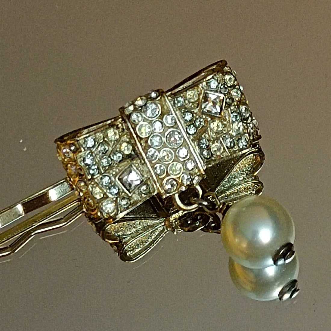Chanel Vintage Bow Rhinestone Pearl Hair Clip
