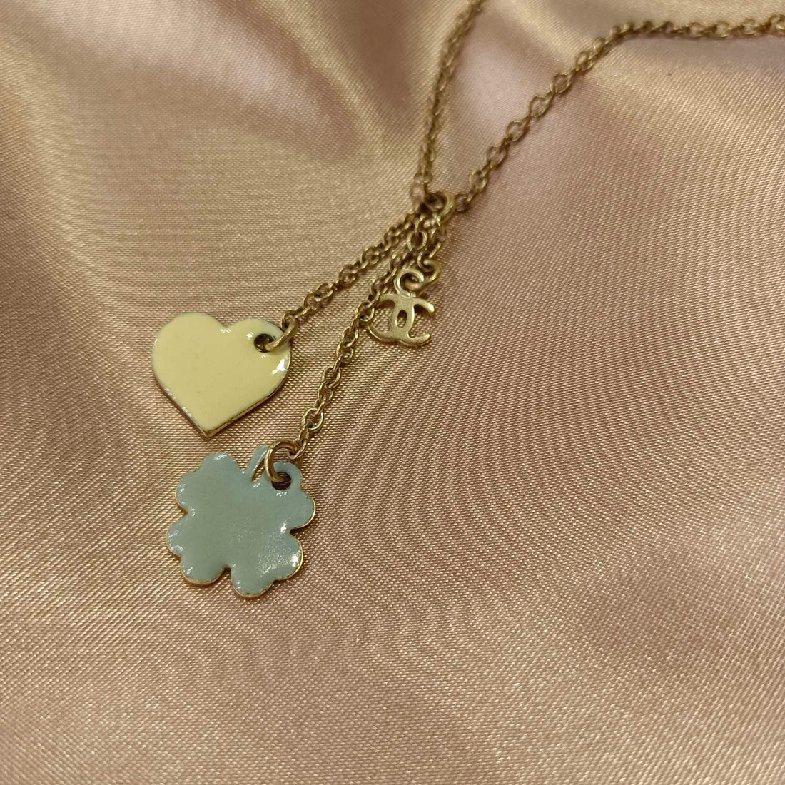Chanel Four-Leaf Clover & Heart Pendant Necklace (01P) - Gold-Plated & Enamel - Grade B (Re-Engraved)