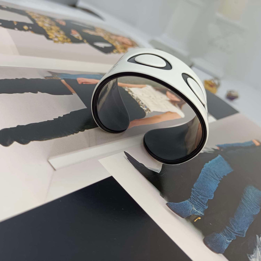 Chanel Vintage Black & White Acrylic Cuff Bracelet - Grade A (14cm Wrist Circumference, Stamped, with Engraving Photos)