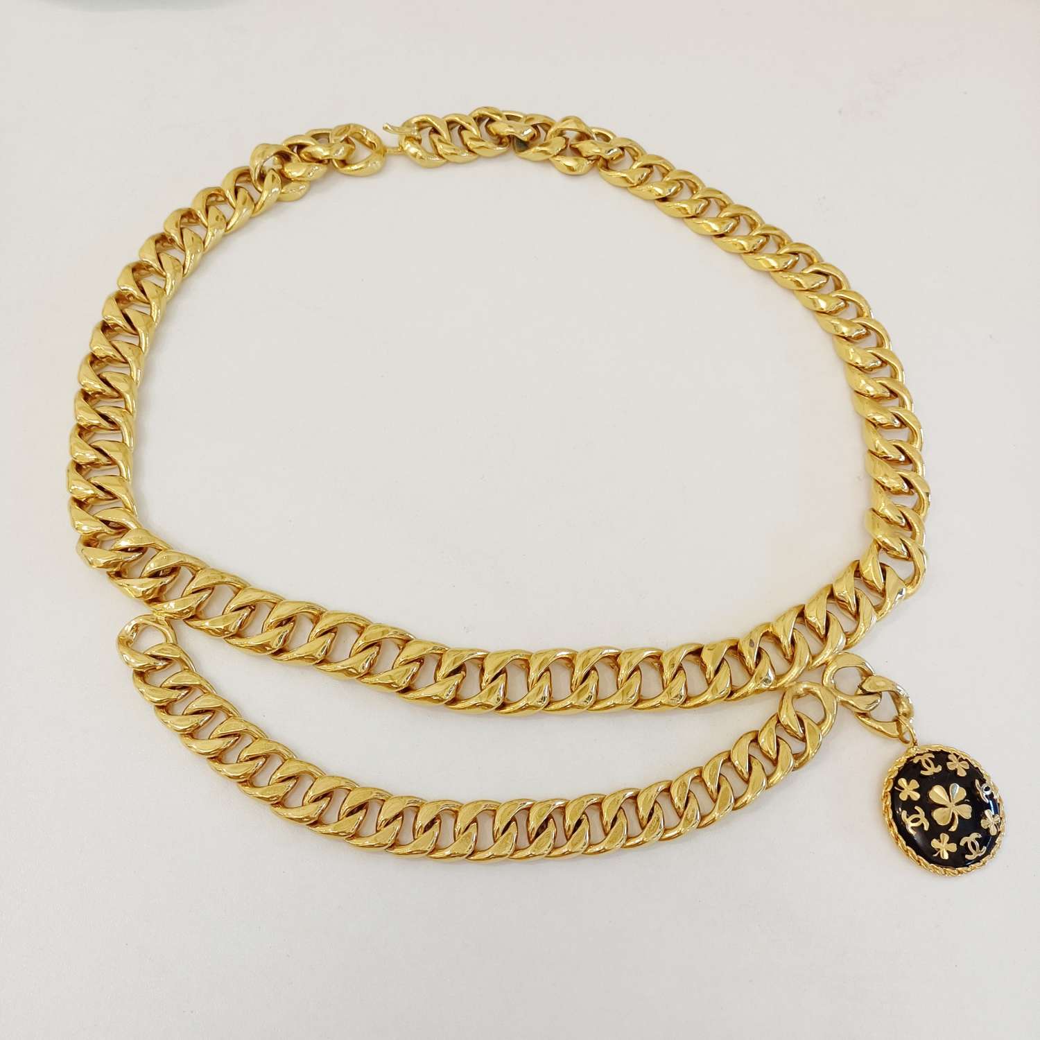 Chanel Black & Gold Four-Leaf Clover Double-Layer Waist Chain, 1990s, Grade A