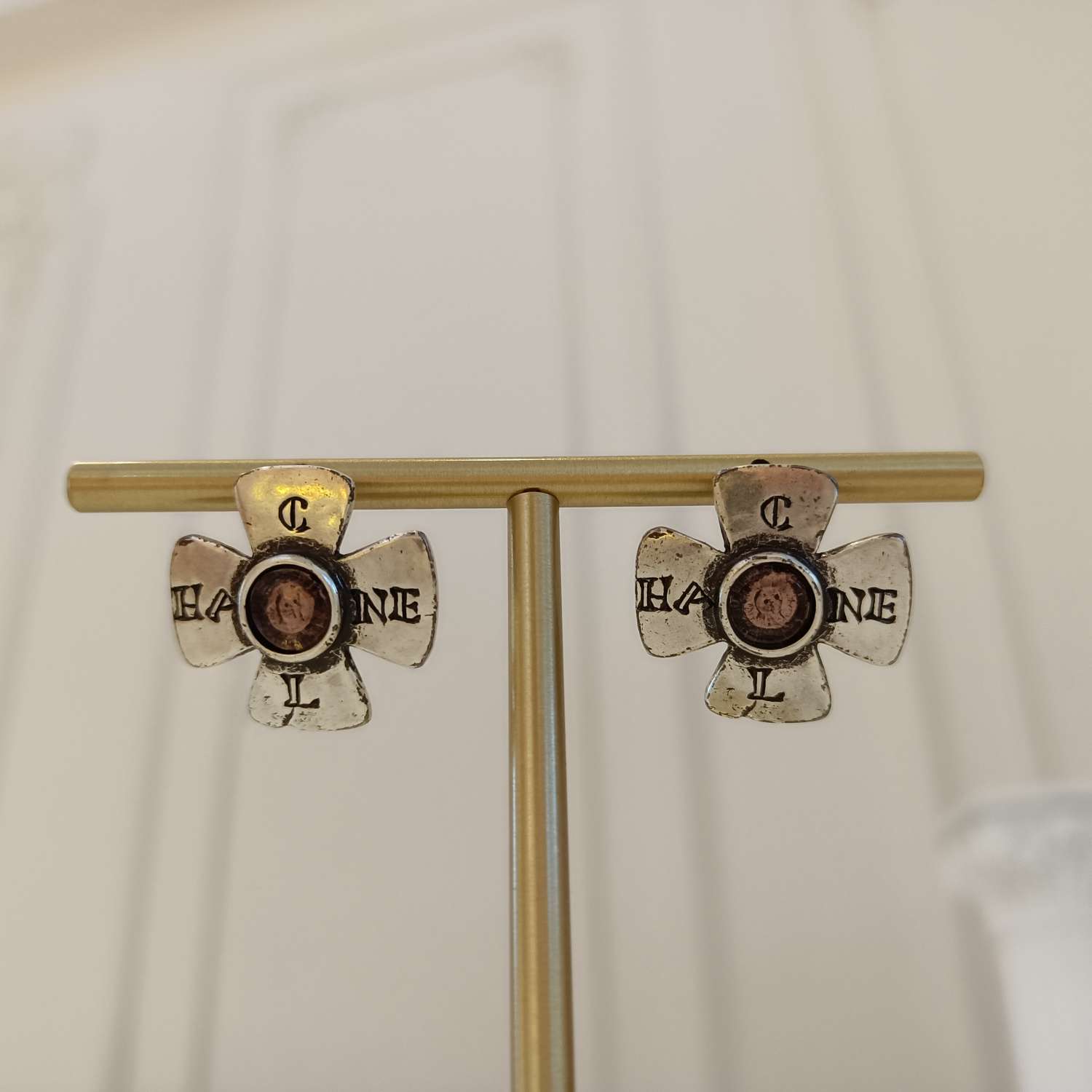 Chanel Cambon Stud Earrings, Antiqued Silver, 99A Grade A, Diameter 2cm