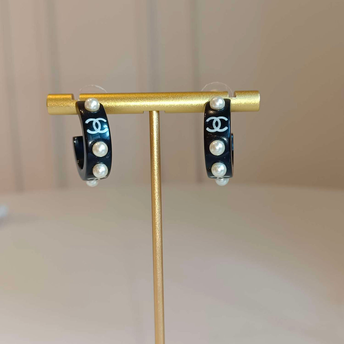 Chanel Black Acrylic Pearl Stud Earrings, 03C, Acrylic & Pearl, Grade A, Diameter 2.3cm