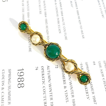 Chanel Green Glass Pearl Brooch - 7.5x1.5cm - 1990s - Grade A - Glass & Pearl & Gold-Plated