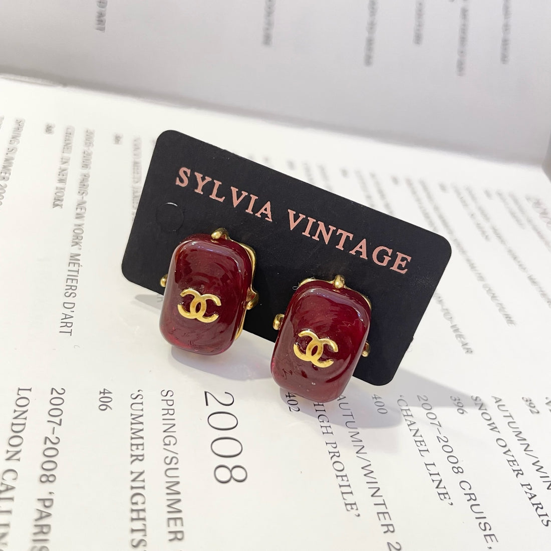 Chanel Wine Red Glass Ear Clip, 97A, 1.5*2cm, Gold-Plated & Glass