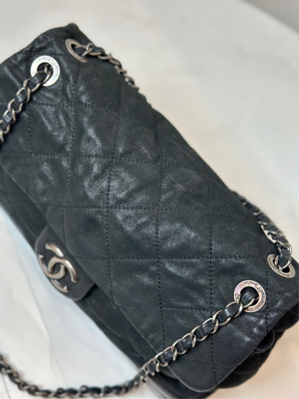 Chanel Black Silver Crackled Calfskin & Waxed Calfskin Airport Bag (14-Series) - With Card 30×18cm - Serial 14948509 - B-Grade