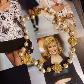 Chanel Pearl & Diamond Four-Leaf Clover Necklace - 45cm - Grade A - Gold-Plated & Pearl