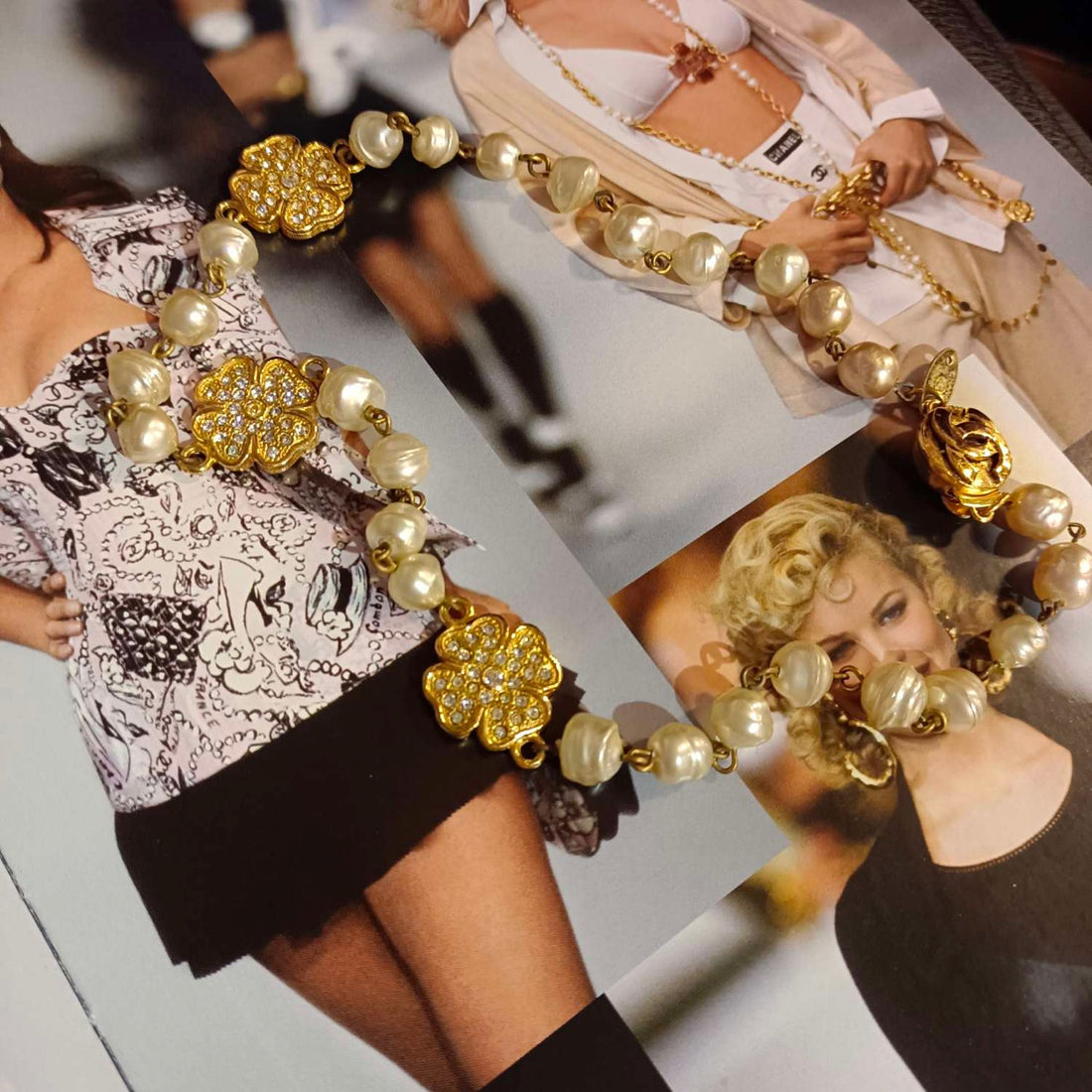 Chanel Pearl & Diamond Four-Leaf Clover Necklace - 45cm - Grade A - Gold-Plated & Pearl