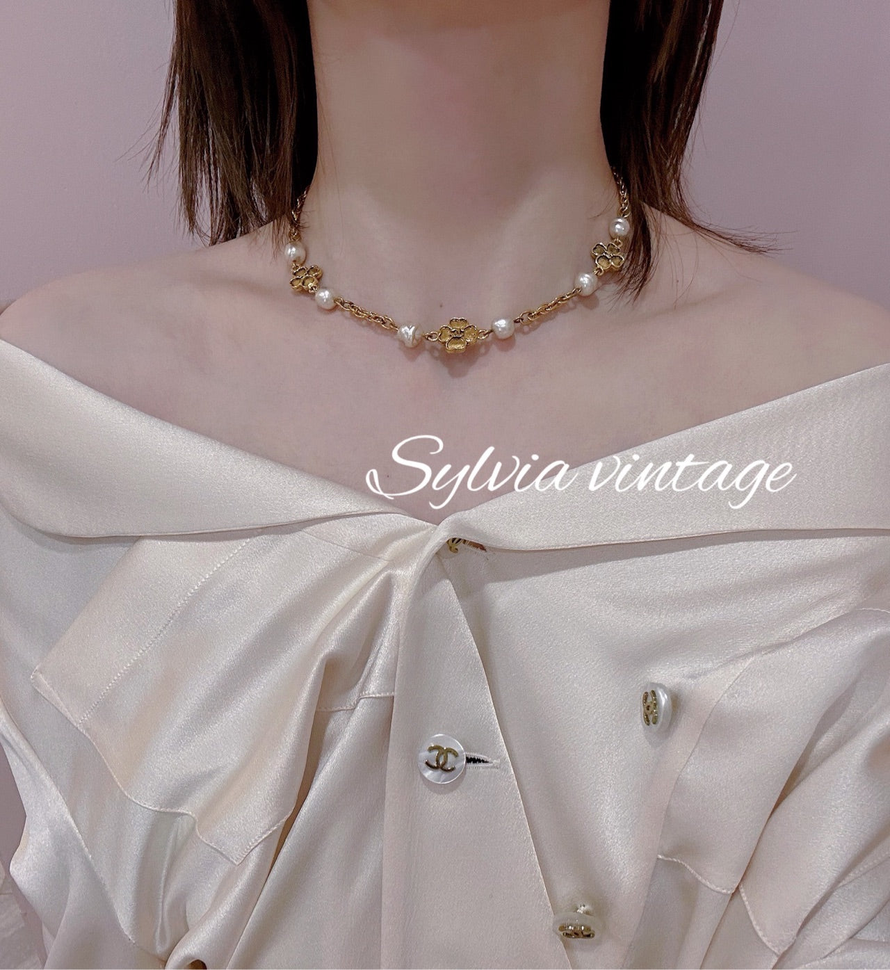 Chanel Gold Four-Leaf Clover White Pearl Necklace, 39.5cm, Gold-Plated & Pearl