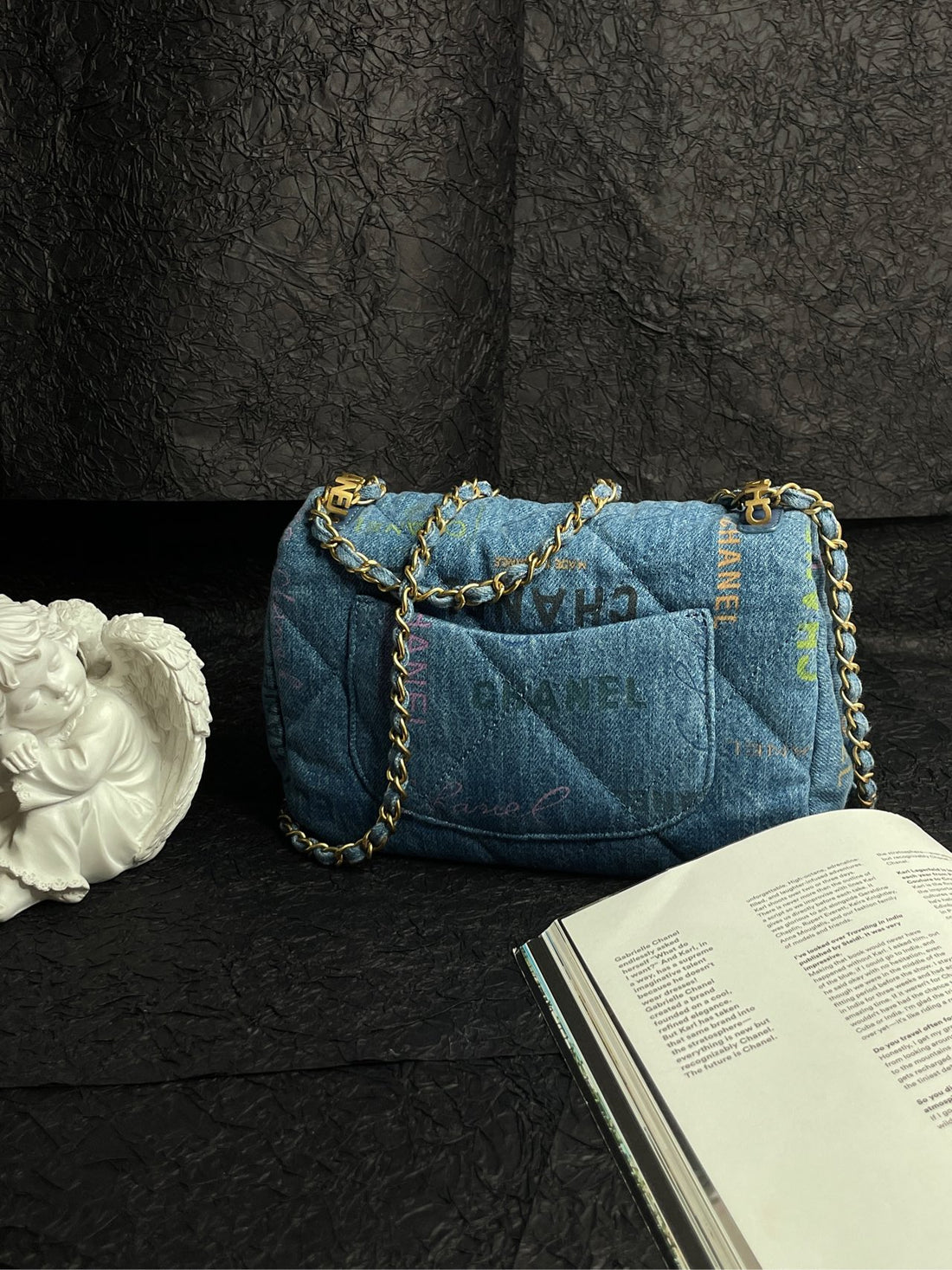 CHANEL Denim Graffiti Small Classic Flap Bag (CF) with Chip, 23cm×15cm, Grade A, TE41PL23