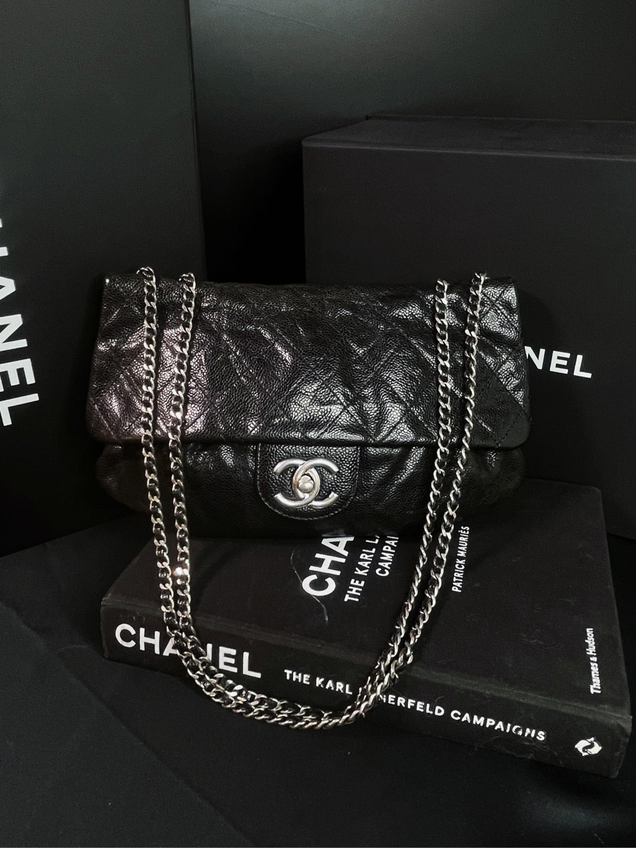Chanel Black Silver Pebbled Calfskin Pumpkin Bag - 30×15cm - A-Grade (Serial 16571903)