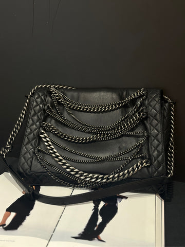 Chanel Black Silver Lambskin XXL Boy Bag with Fringe Chain - 35×23cm (18-Series) - Serial 18544869