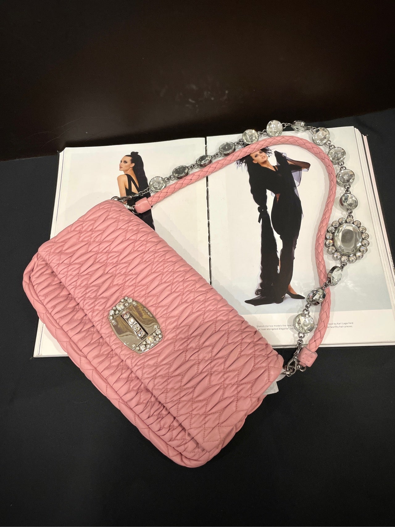 Miu Miu Pink Lambskin Gemstone Chain Shoulder Bag - 29×14cm - Ref. 194