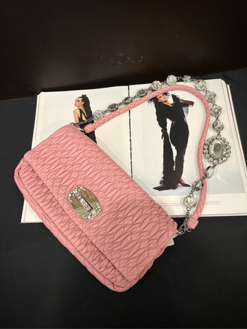 Miu Miu Pink Lambskin Gemstone Chain Shoulder Bag - 29×14cm - Ref. 194