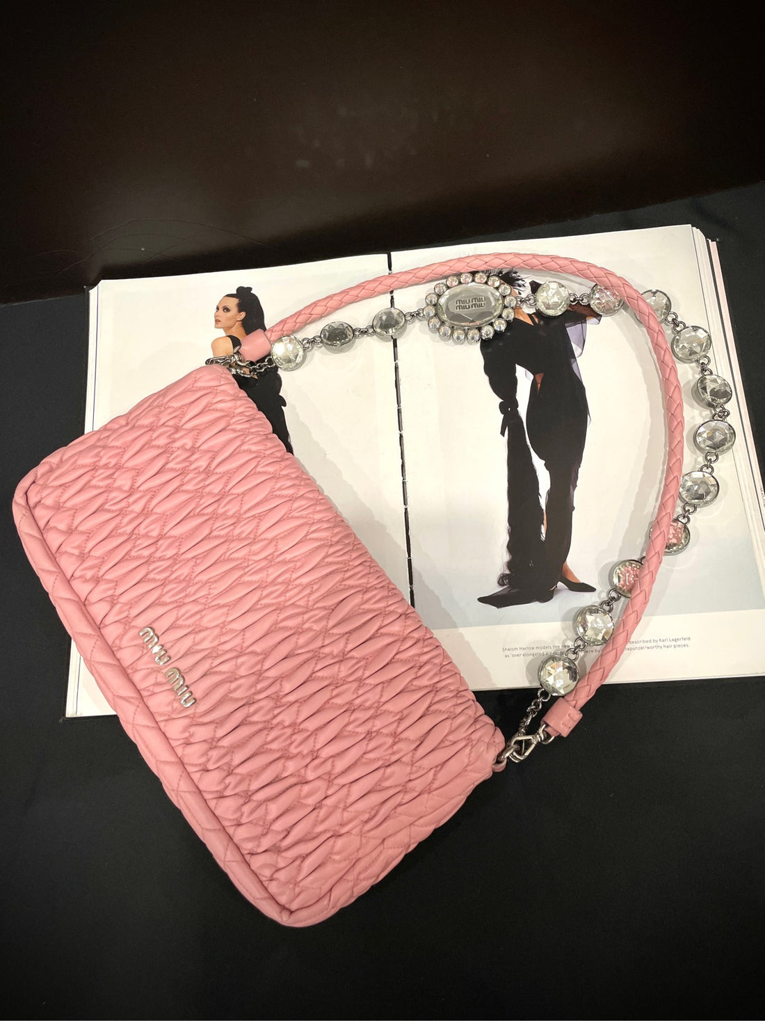 Miu Miu Pink Lambskin Gemstone Chain Shoulder Bag - 29×14cm - Ref. 194