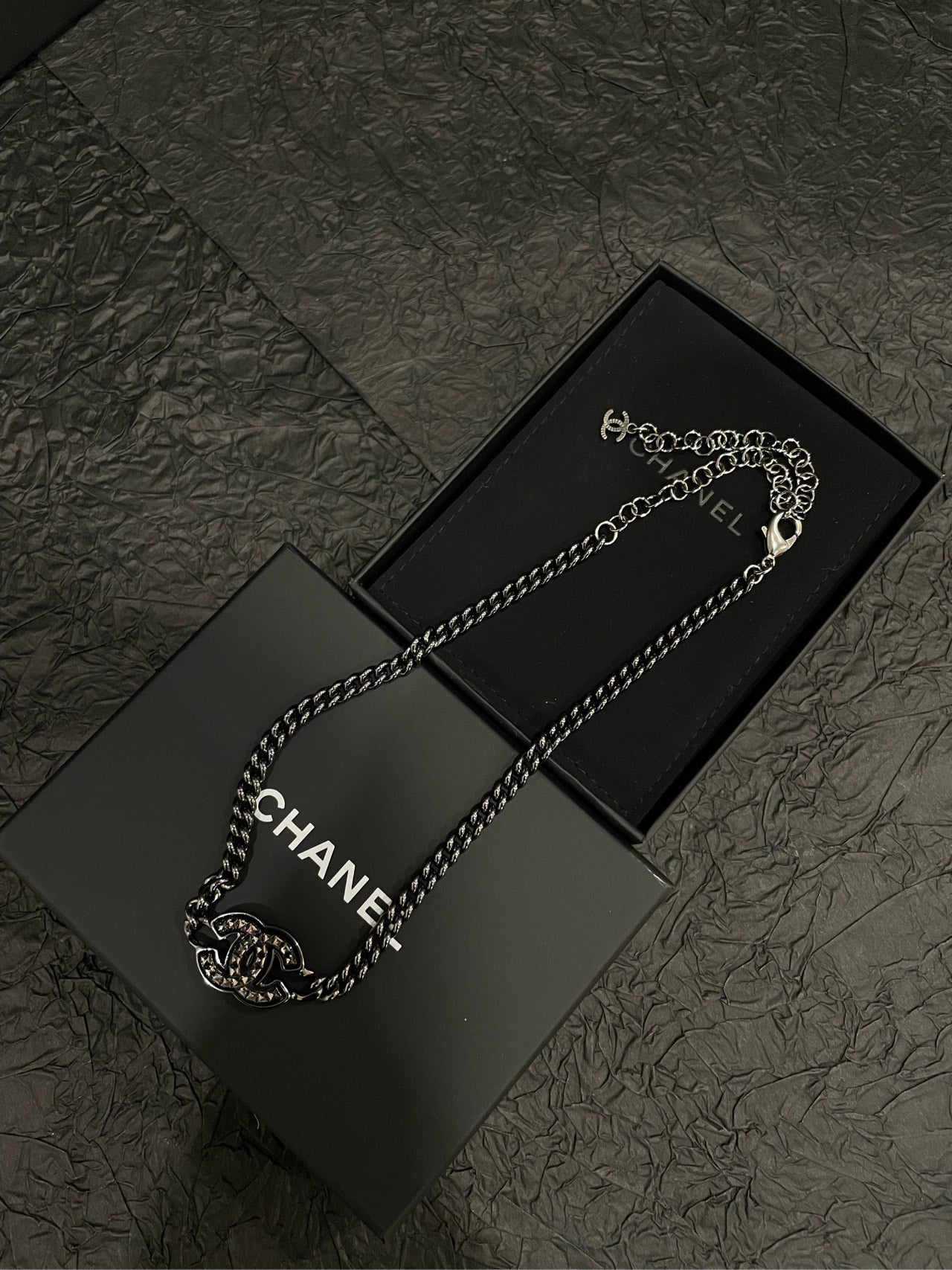 Chanel 24A Distressed Silver-Tone Double C Diamond Necklace-47cm-