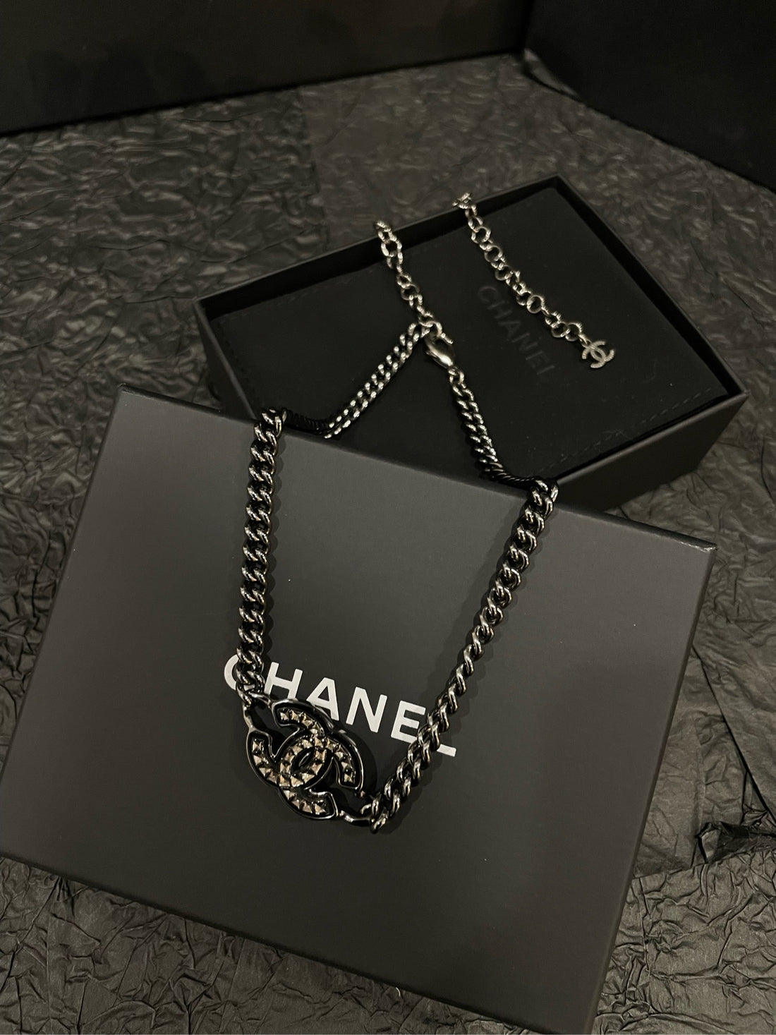 Chanel 24A Distressed Silver-Tone Double C Diamond Necklace-47cm-