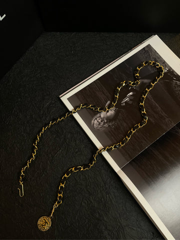 Chanel Black & Gold Leather Chain Coin Waist Belt (Grade B+),Total Length: 96cm,Coin Charm:3.5cm × 2.5cm