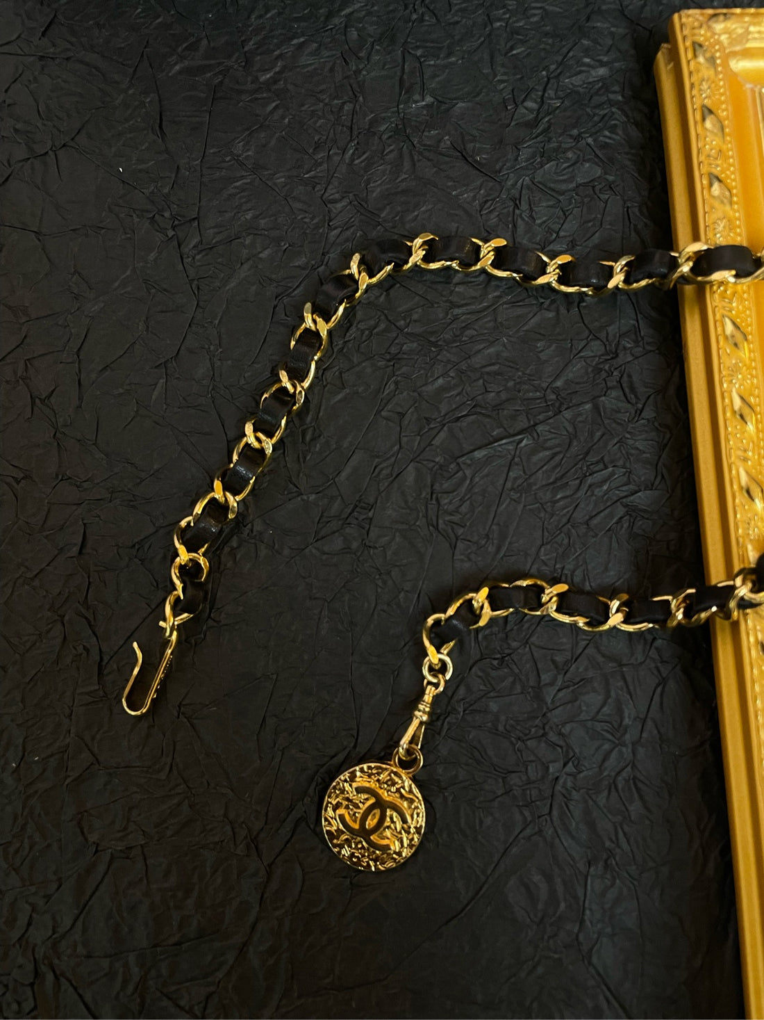 Chanel Black & Gold Leather Chain Coin Waist Belt (Grade B+),Total Length: 96cm,Coin Charm:3.5cm × 2.5cm