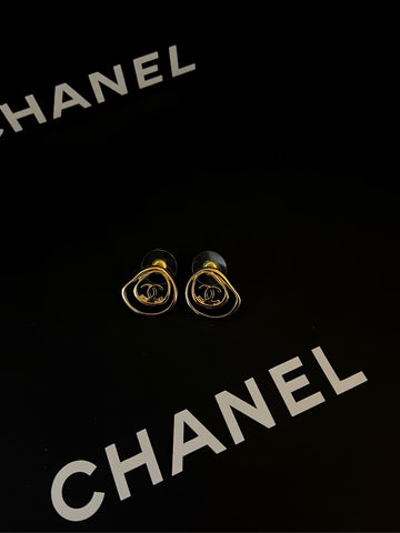 CHANEL 24K Gold-Plated Openwork Asymmetric Double C Stud Earrings (Grade S - Brand New Full Set)-2cm×1.6cm