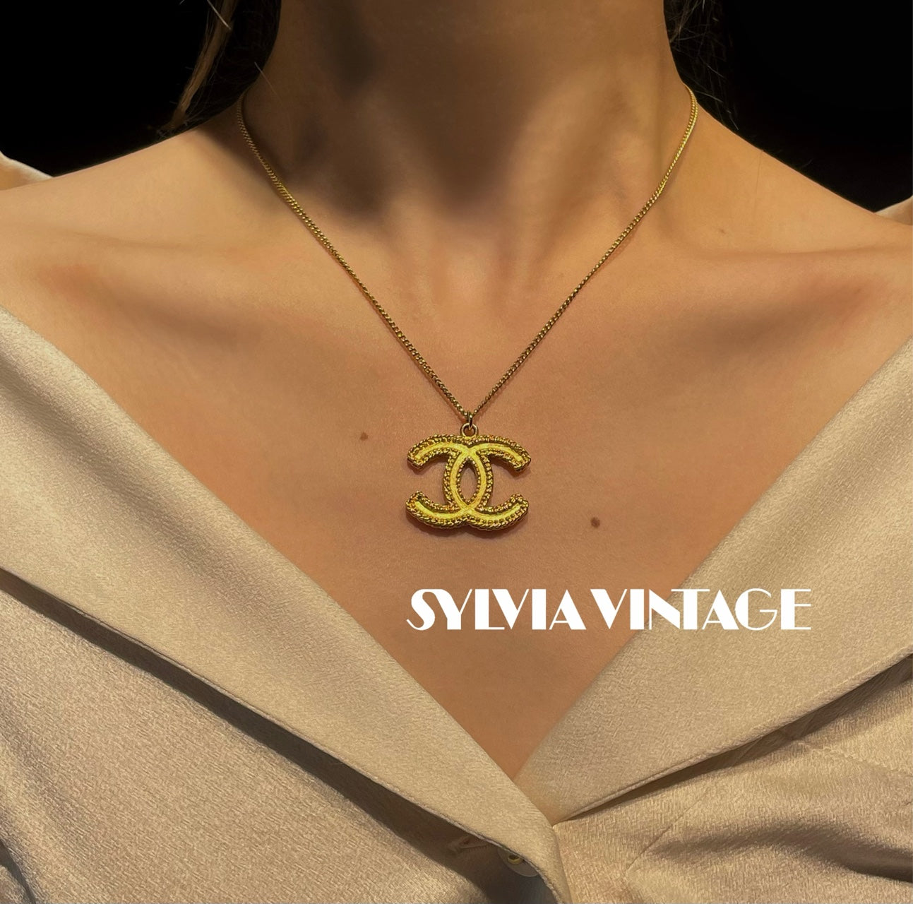 Chanel Vintage Wheat & Double C Sweater Necklace (Grade A)-Length: 61cm,Pendant Size: 3cm × 2.5cm-Gold-Plated