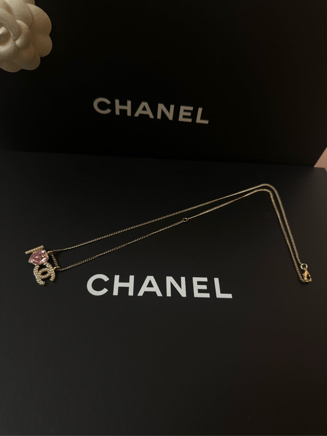 CHANEL Pink Diamond Heart Pearl CC Pendant Necklace 22B - Adjustable 60.5cm (Pendant 3×2.5cm)