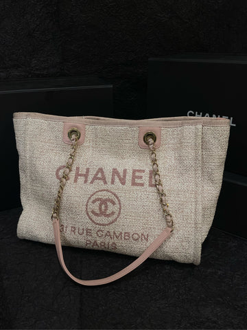 Chanel Pink & Gold Knit Beach Tote - 34×26cm - A-Grade (Serial 26990924) With Card