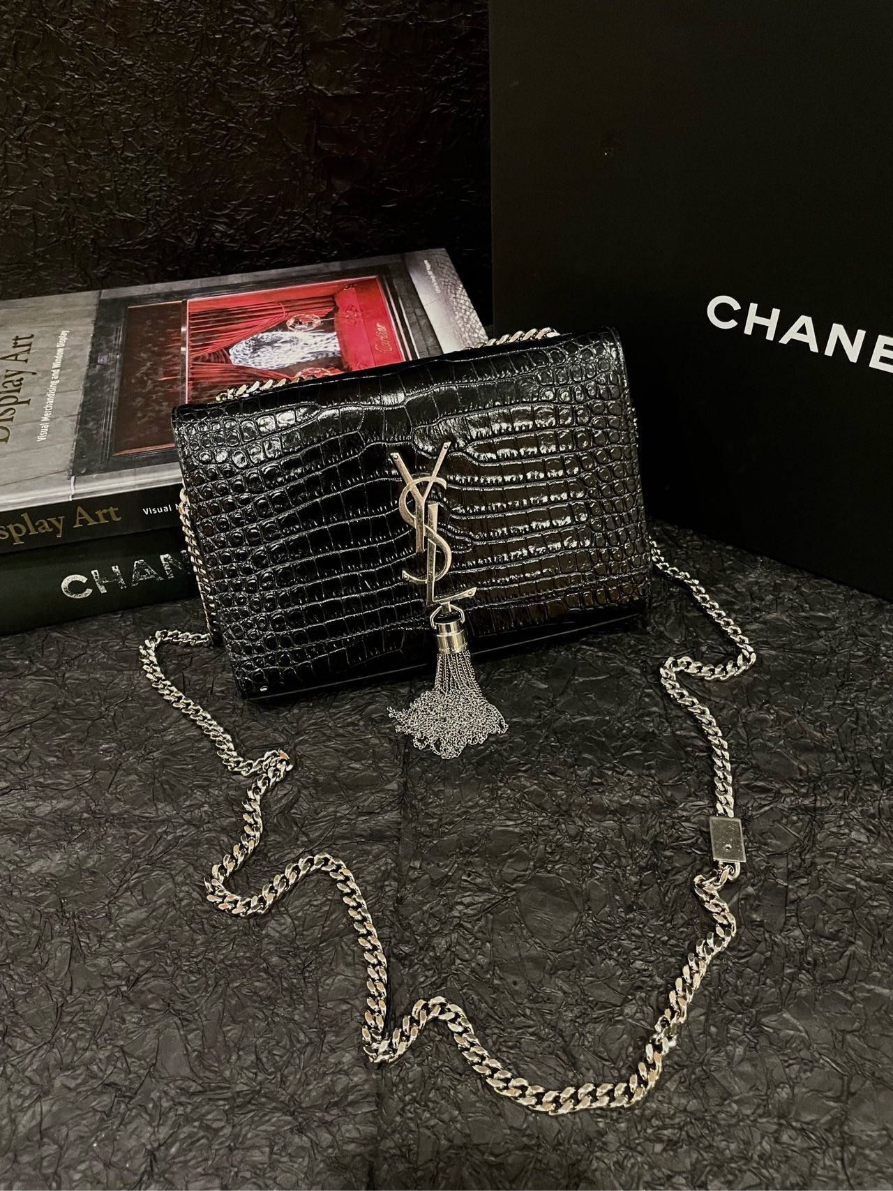 Saint Laurent Black Croc-Embossed Kate with Silver Chain & Fringe - 20×13cm - A-Grade (Code XXX1118)