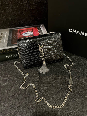 Saint Laurent Black Croc-Embossed Kate with Silver Chain & Fringe - 20×13cm - A-Grade (Code XXX1118)