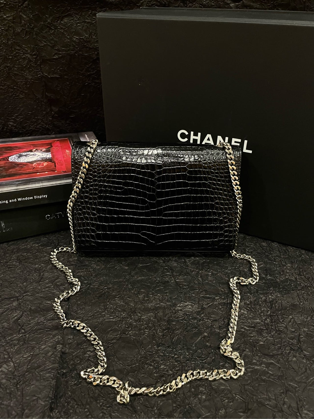 Saint Laurent Black Croc-Embossed Kate with Silver Chain & Fringe - 20×13cm - A-Grade (Code XXX1118)