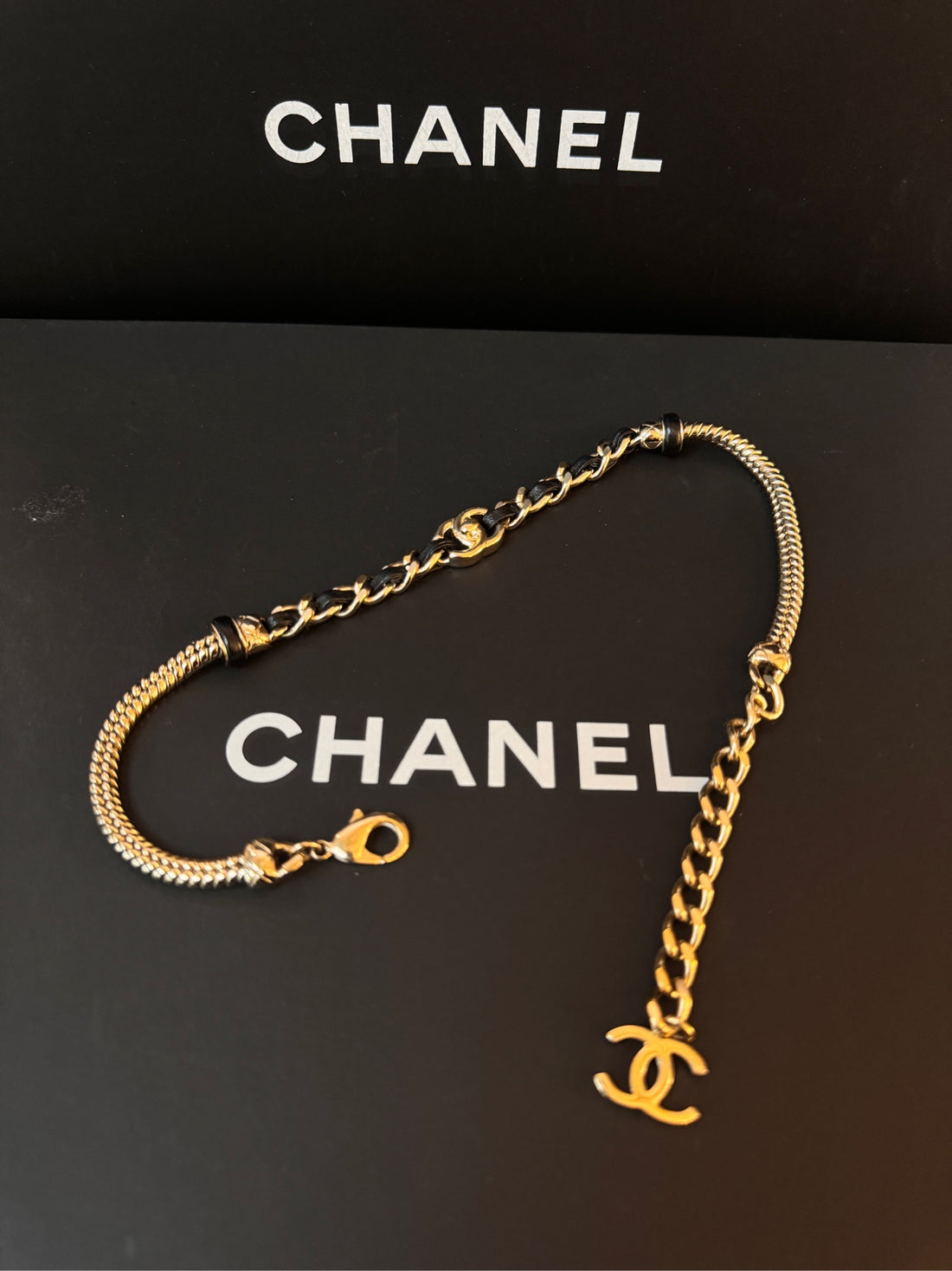 CHANEL Leather-Threaded Snake Chain Collarbone Necklace 21B - 43cm