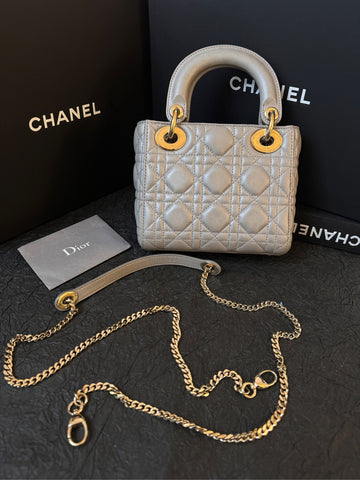 Dior Pearl Gray Lambskin Lady Dior Mini (3-Quilt) - 16.5×14cm - with card  (Ref. 18-MA-0156)