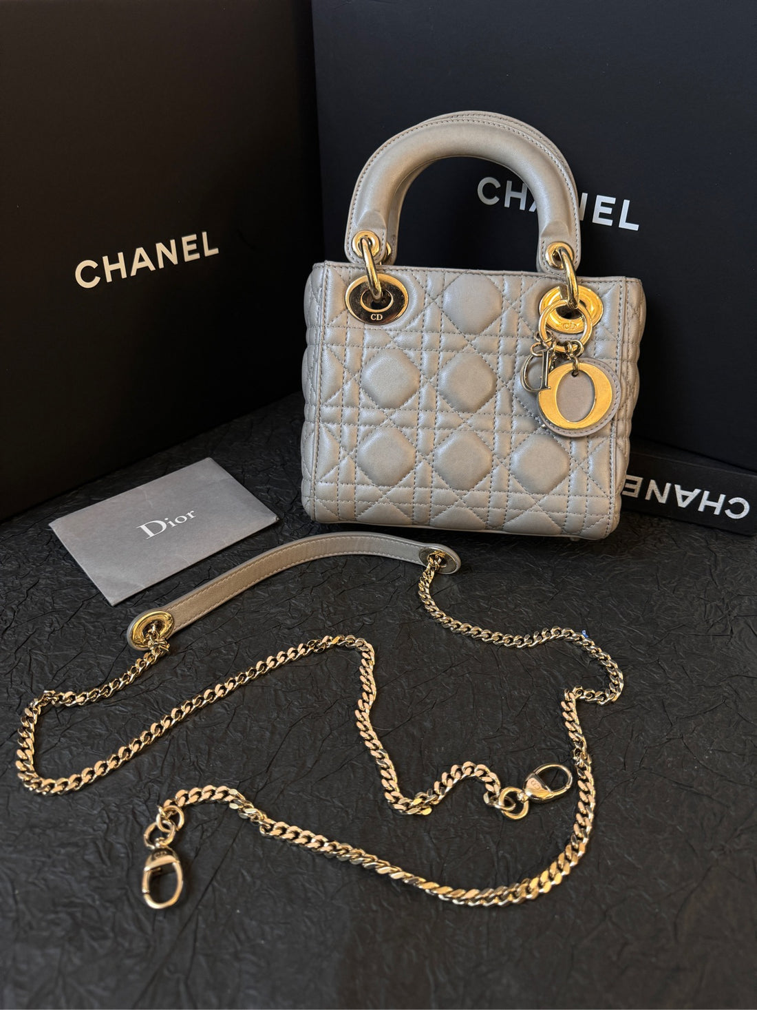 Dior Pearl Gray Lambskin Lady Dior Mini (3-Quilt) - 16.5×14cm - with card  (Ref. 18-MA-0156)