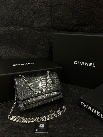 Saint Laurent Black Croc-Embossed Sunset Mini - 17×12cm - A-Grade (Code XXX0017)