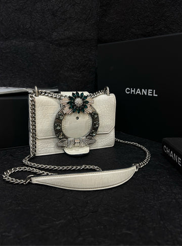 Miu Miu Lady Sunflower Crystal-Embellished White Chain Bag (20cm × 14cm)