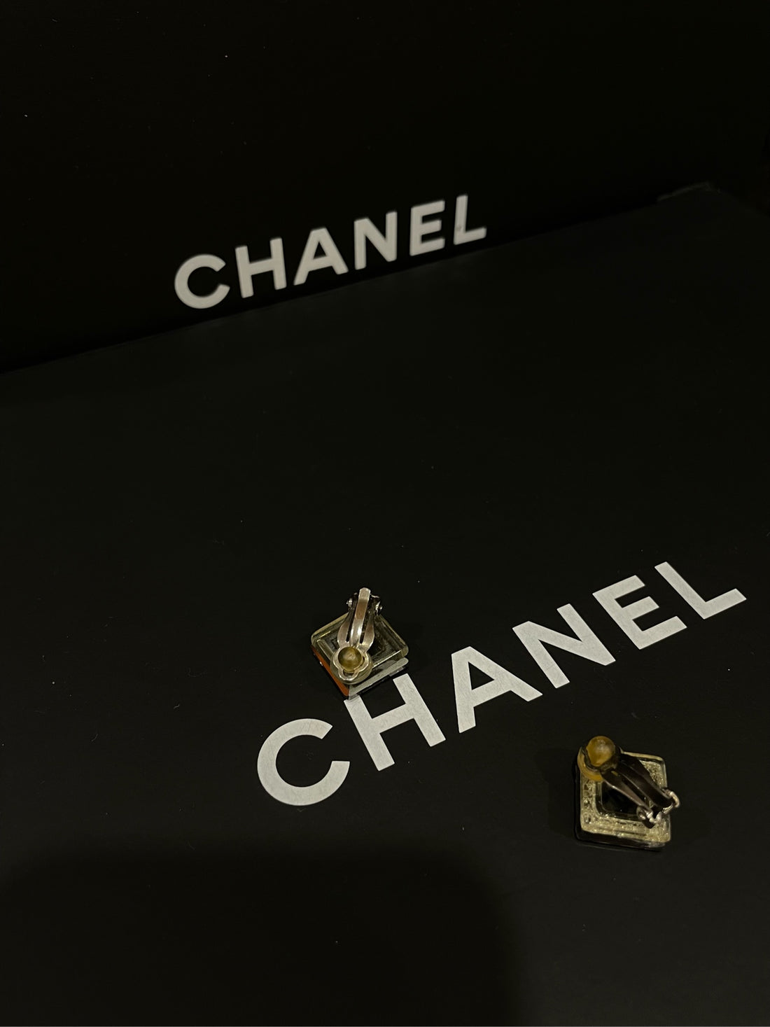 CHANEL Acrylic Square Clip Earrings 2cm - B Grade (One Engraving Worn Off)