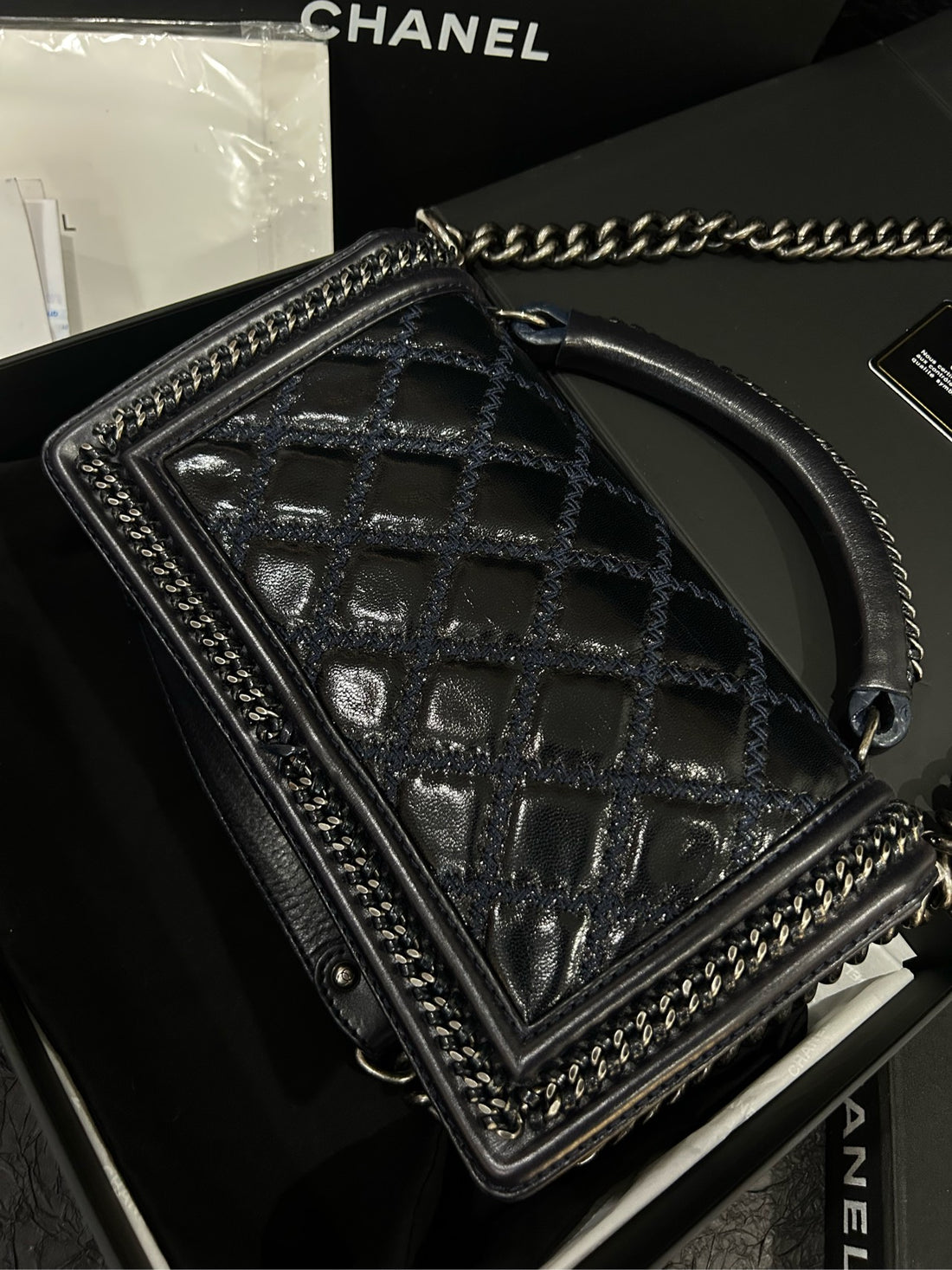 Chanel Navy Blue Le Boy Royal Edition Silver-Tone Hardware with Original Receipt 25×14cm Grade A 21205817