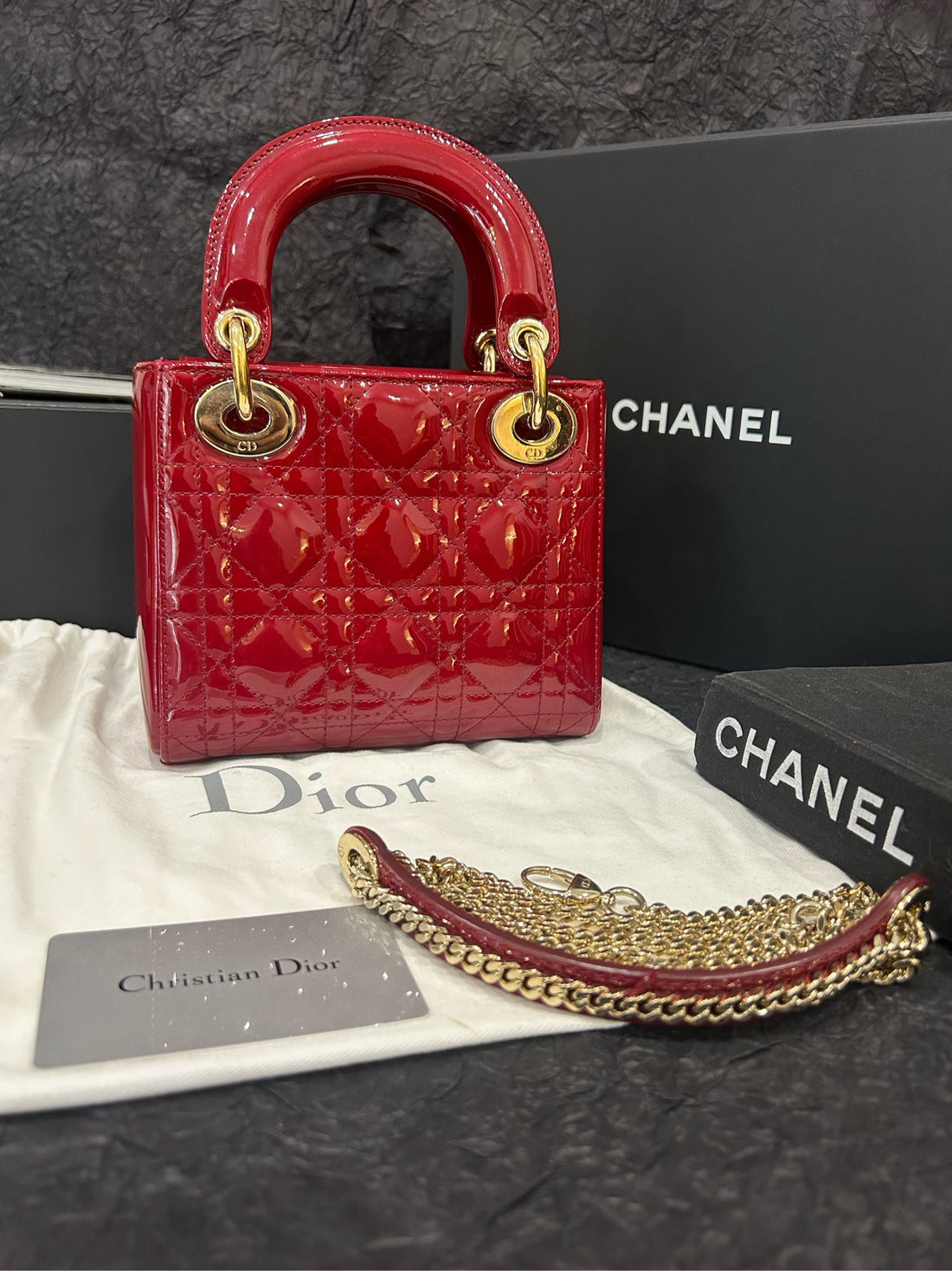 Dior Burgundy Patent Leather Lady Dior Mini - 17×14cm - A-Grade (Ref. 05-BO-0168) Original card + dust bag