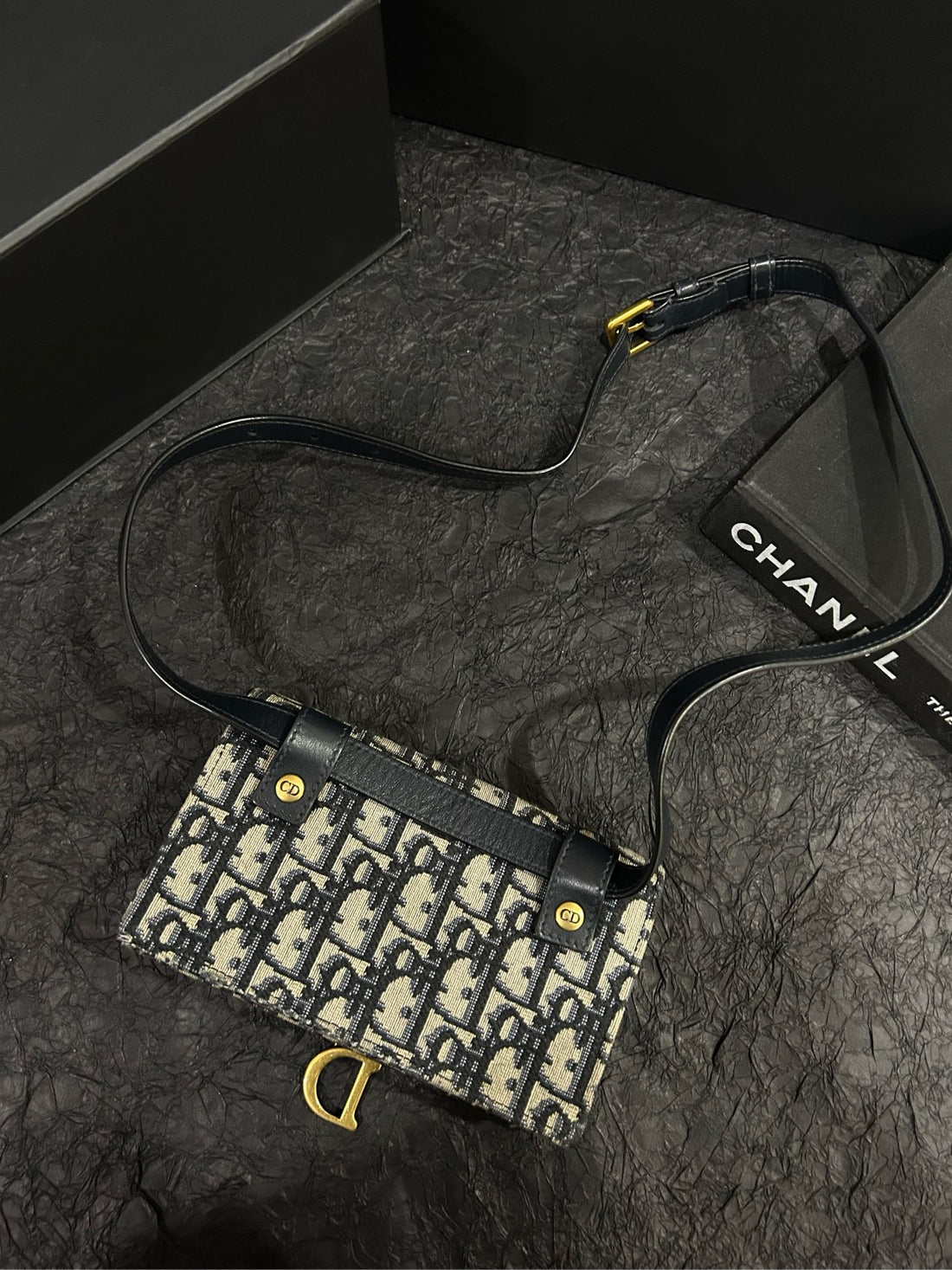 Dior Blue and Gold Oblique Saddle WOC Crossbody Bag in Canvas, 17cm x 10cm (Grade A) - Model 05-RU-0210‌